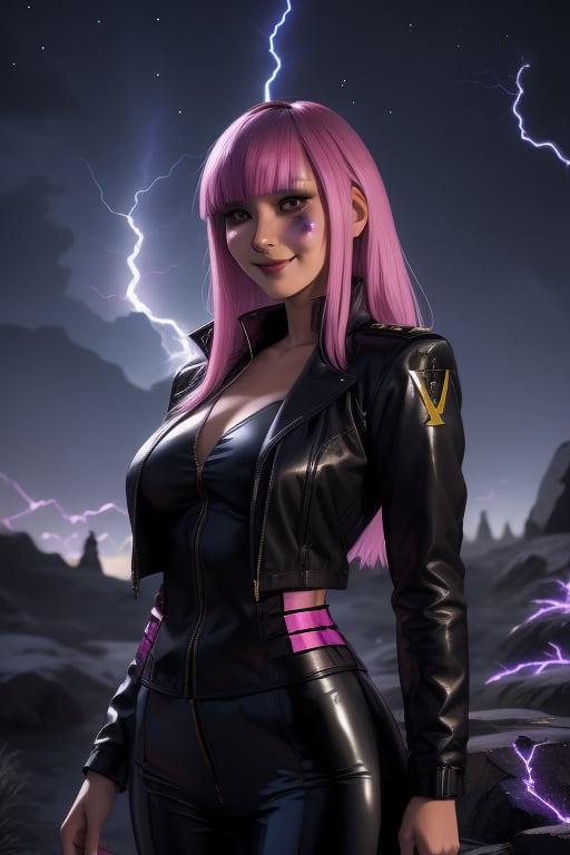Yukio, a beautiful young woman of 19 years old. rebellious aesthetics. Long purple_pink hair, dark eyes, happy face. she is wearing a black jacket. she wears a rebellious girl outfit. In the background hundreds of blue lightning bolts shine in the night sky. sciamano240, fantasy style background, 1girl, Yukio