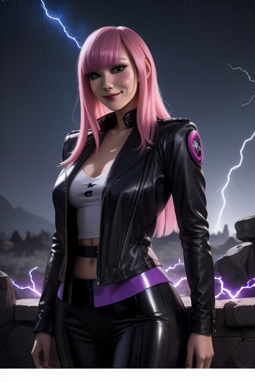 Yukio, a beautiful young woman of 19 years old. rebellious aesthetics. Long pink hair, long purple hair, dark eyes, happy face. she is wearing a black jacket. she wears a rebellious girl outfit. In the background hundreds of blue lightning bolts shine in the night sky. sciamano240, fantasy style background, 1girl, Yukio