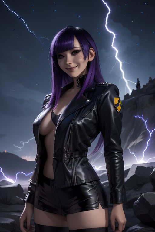 Yukio, a beautiful young woman of 19 years old. rebellious aesthetics. Long purple hair, dark eyes, happy face. she is wearing a black jacket. she wears a rebellious girl outfit. In the background hundreds of blue lightning bolts shine in the night sky. sciamano240, fantasy style background, 1girl, Yukio