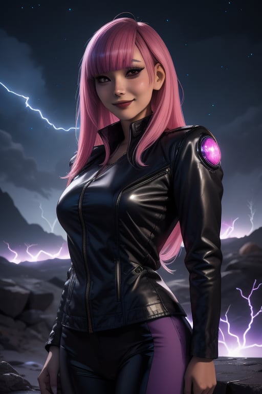 Yukio, a beautiful young woman of 19 years old. rebellious aesthetics. Long pink hair, long purple hair, dark eyes, happy face. she is wearing a black jacket. she wears a rebellious girl outfit. In the background hundreds of blue lightning bolts shine in the night sky. sciamano240, fantasy style background, 1girl, Yukio