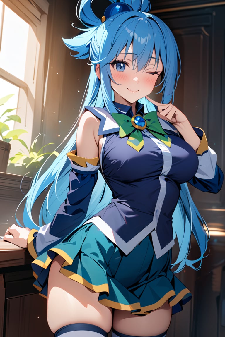 masterpiece, best quality, 1girl, solo, long hair, breasts, looking at viewer, blush, smile, bangs, blue eyes, skirt, large breasts, shirt, hair ornament, thighhighs, bow, hair between eyes, bare shoulders, very long hair, blue hair, standing, cowboy shot, detached sleeves, one eye closed, sleeveless, indoors, bowtie, blue skirt, blue shirt, green bow, hair rings, ;\), (AquaXL)