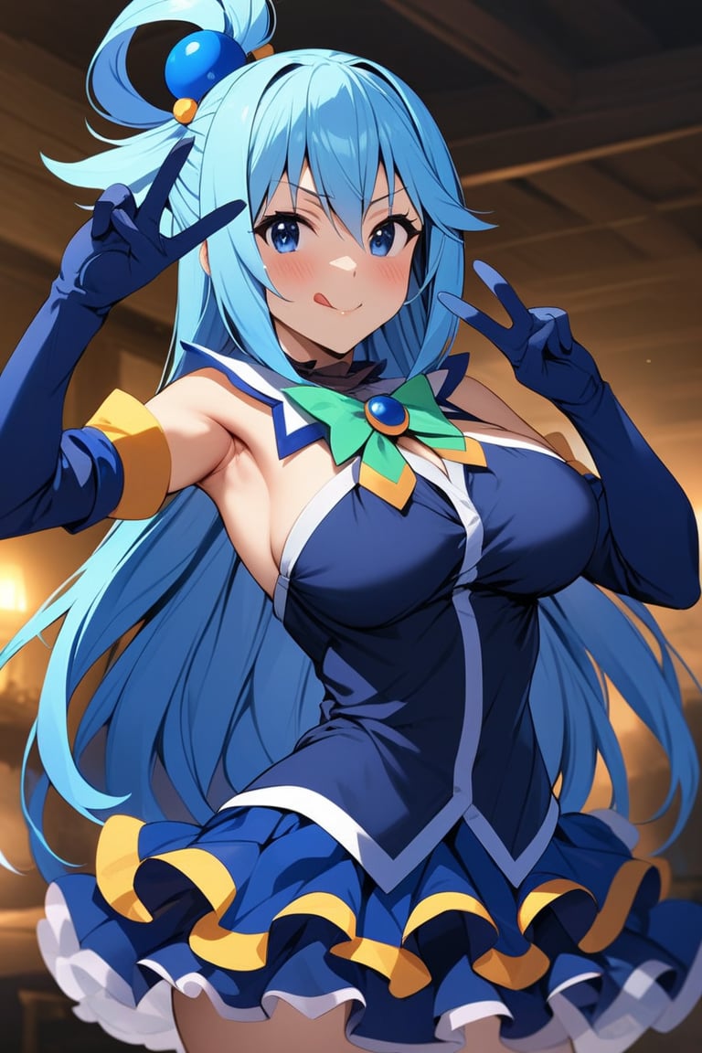 masterpiece, best quality, very aesthetic, absurdres, (recent), aqua, konosuba, 1girl, solo, long hair, breasts, looking at viewer, blush, smile, bangs, blue hair, large breasts, blue eyes, hair ornament, bow, gloves, dress, cleavage, bare shoulders, jewelry, large breasts, standing, collarbone, frills, choker, tongue, elbow gloves, tongue out, armpits, v, strapless, one side up, blue dress, frilled dress, strapless dress, blue gloves, double v, ;q, (AquaXL)