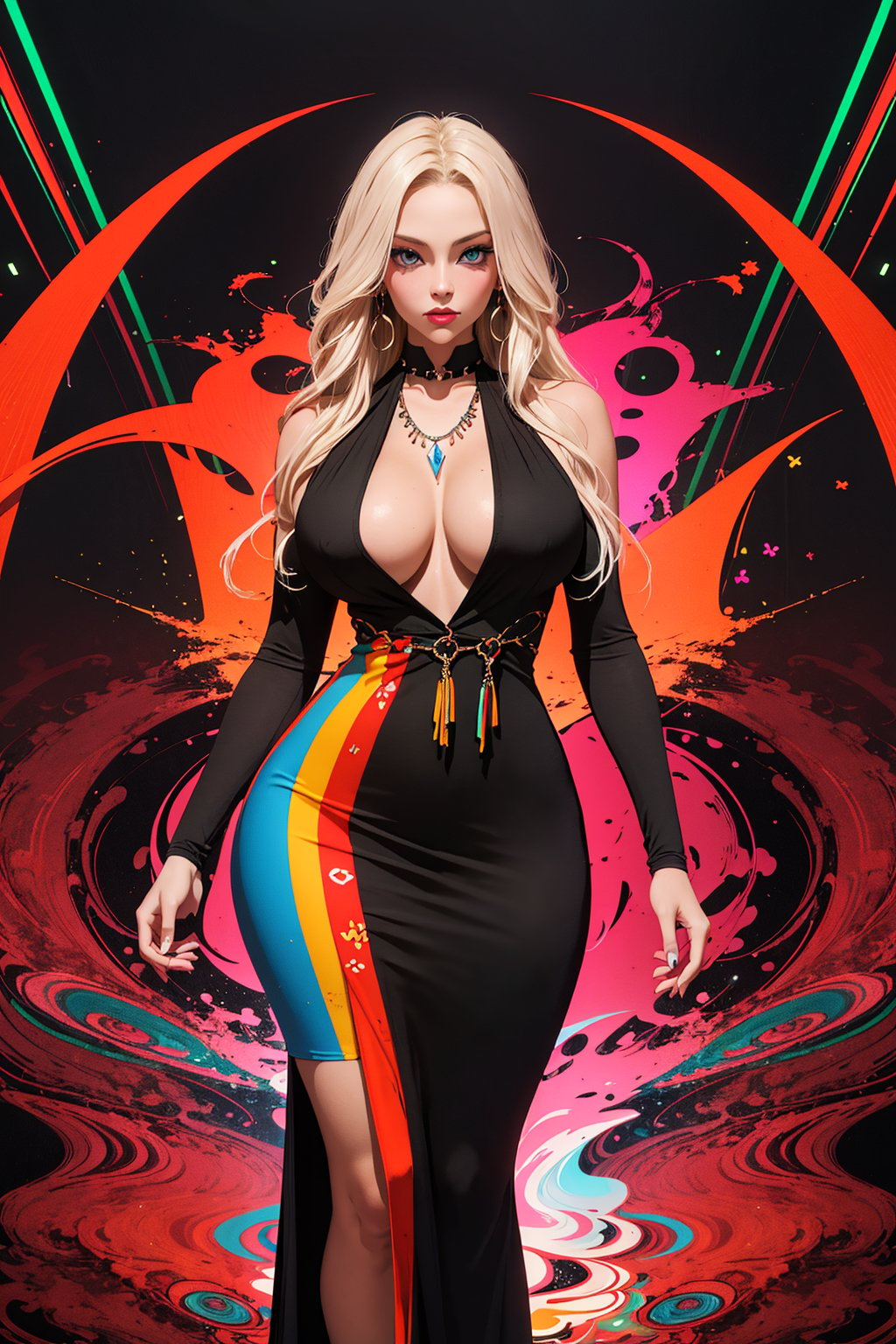 1girl, solo, Azeneth, oil painting, impasto, looking at viewer, a beautiful woman, 28 years old, long blonde hair, blue eyes. Hourglass body. big breasts, breasts, large wide hips, wide thighs, tribal necklace, fantasy full_color dress, urban psychedelic outfit, ((full_color psychedelic  background)), masterpiece, nijistyle, niji, sciamano240, soft shading, 1girl, Azeneth