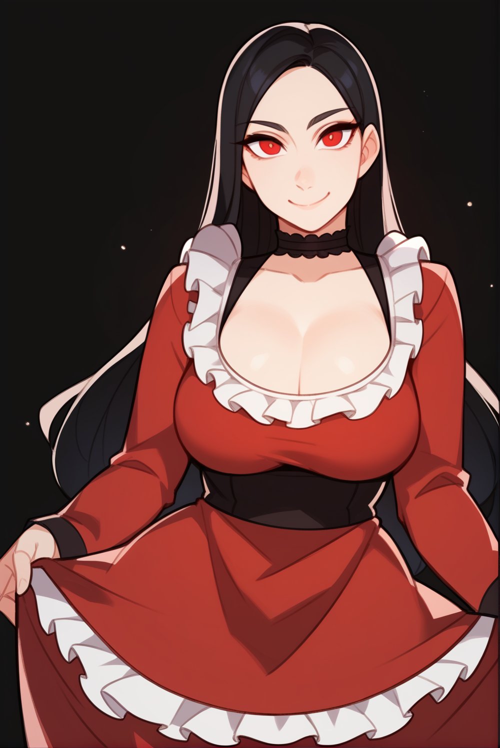 Score_9, Score_8_up, solo, 1girl, large breasts, red eyes, black hair, smile, red dress, black trim, frilled dress, closed mouth, choker, long hair, straight hair, looking at viewer, cowboy shot, long sleeves, black background<lora:EMS-335544-EMS:1.000000>