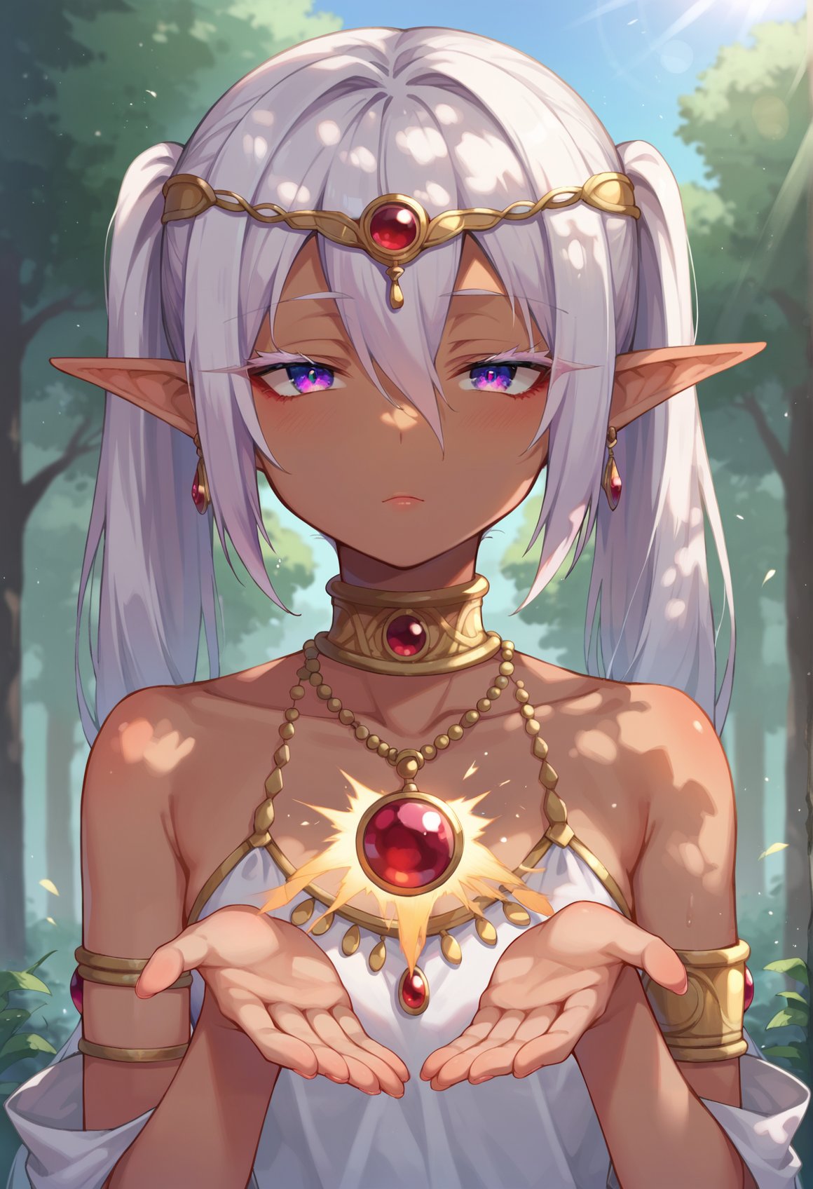 score_9, score_8_up, score_7_up, score_6_up, source anime, BREAK,dark elf, 1girl, half-closed eyes, colored eyelashes, earrings, twintails, white hair, pointy ears, blush, solo, armlet, long hair, jewelry, outdoors, looking at viewer, necklace, collarbone, ripples, dappled sunlight, circlet, purple eyes, head chain, neck ring, hair between eyes, full body, magic, sparks, agate|red gemstone, casting spell, summon