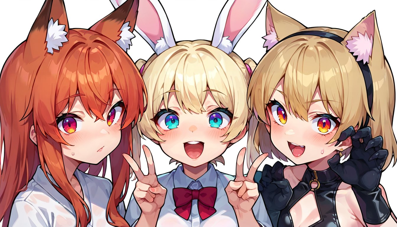 score_9, score_8_up, score_7_up, score_6_up, source anime, source anime, 3girls, animal ear fluff, close-up,3girls, fox girl, fox ears, fox tail, symbol-shaped pupils, closed mouth, fox shadow puppet3girls, rabbit girl, rabbit ears, rabbit tail, + +, open mouth, double v,3girls, cat girl, slit pupils, cat ears, leather gloves, :3, claw pose,