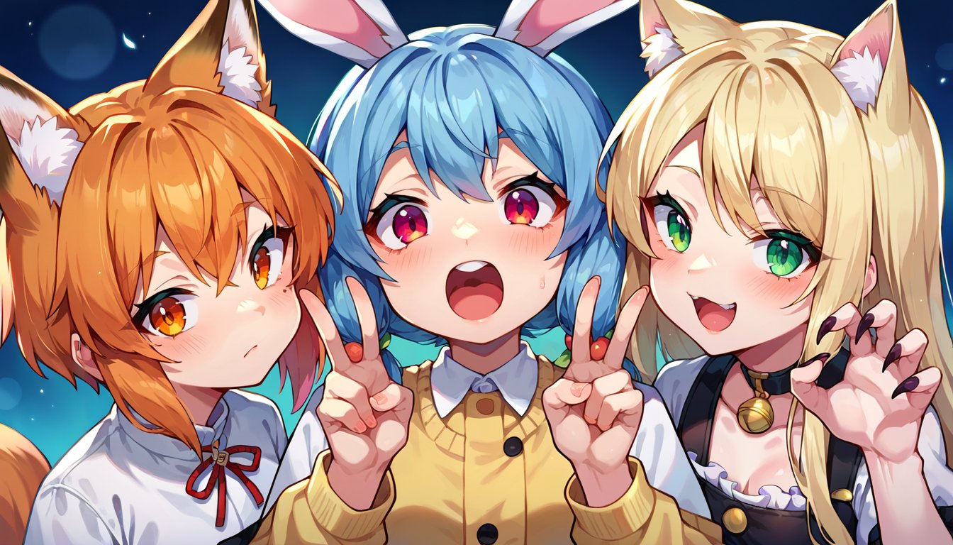 score_9, score_8_up, score_7_up, score_6_up, source anime, source anime, 3girls, animal ear fluff, close-up,3girls, fox girl, fox ears, fox tail, symbol-shaped pupils, closed mouth,3girls, rabbit girl, blue hair, carrot hair ornament, rabbit ears, rabbit tail, + +, open mouth, double v,3girls, cat girl, slit pupils, cat ears, :3, claw pose, sharp fingernails,