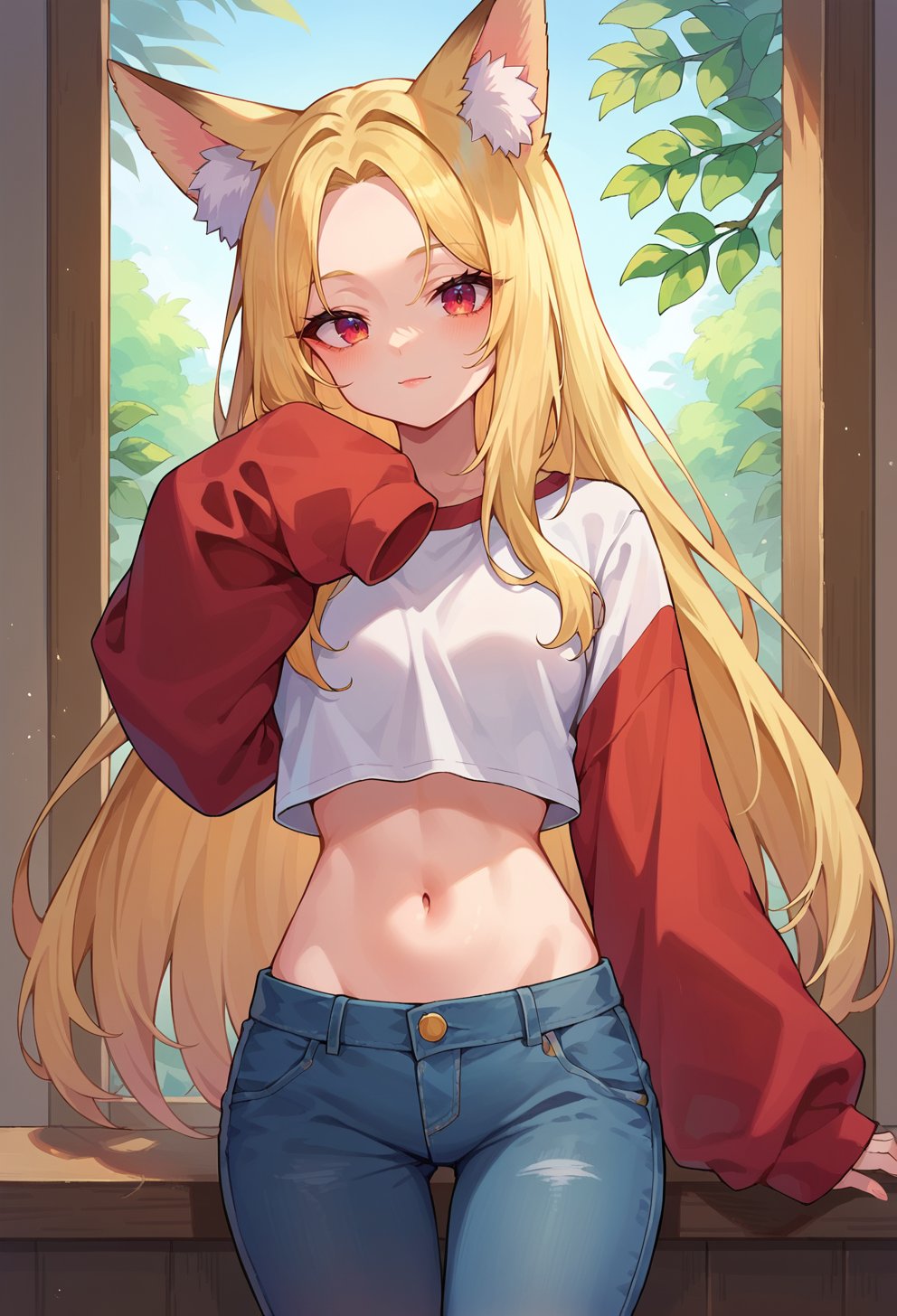 score_9, score_8_up, score_7_up, score_6_up, source anime, BREAK,kittunemimi, fox girl, 1girl, animal ears, solo, navel, pants, long hair, sleeves past wrists, animal ear fluff, sleeves past fingers, long sleeves, blonde hair, denim, midriff, fox ears, crop top, looking at viewer, forehead