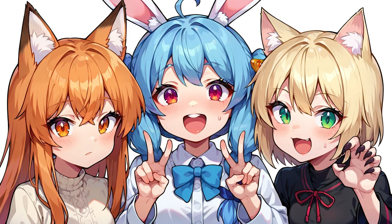 score_9, score_8_up, score_7_up, score_6_up, source anime, source anime, 3girls, animal ear fluff, close-up,3girls, fox girl, fox ears, fox tail, symbol-shaped pupils, closed mouth,3girls, rabbit girl, blue hair, carrot hair ornament, rabbit ears, rabbit tail, + +, open mouth, double v,3girls, cat girl, slit pupils, cat ears, :3, claw pose, sharp fingernails,