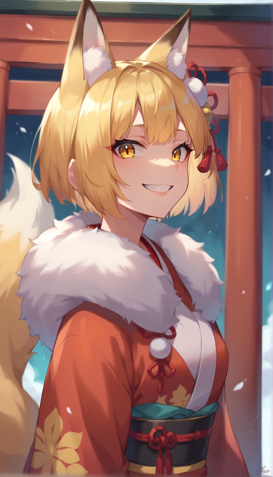 score_9, score_8_up, score_7_up, score_6_up, source anime, BREAK,selkie, 1girl, tail, animal ears, blonde hair, fox tail, fox ears, solo, fur trim, yellow eyes, bangs, shiny hair, kimono, hair ornament, shiny, multicolored hair, long sleeves, short hair, teeth, parted lips, wide sleeves, grin, upper body, torii