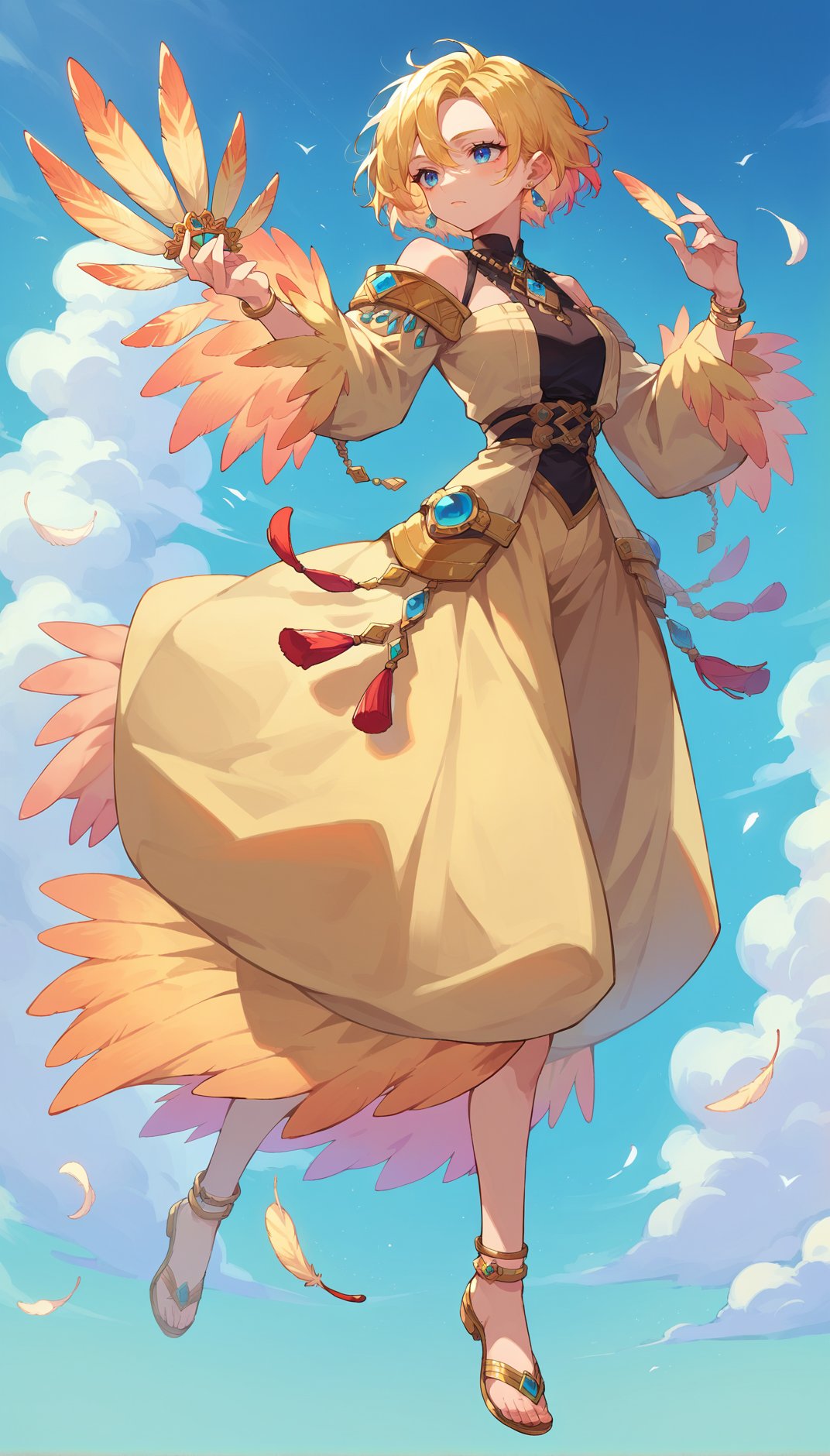 score_9, score_8_up, score_7_up, score_6_up, source anime, 1girl, solo, blonde hair, earrings, jewelry, gold|feather trim, multicolored hair, gradient hair, short hair,whorled clouds, blue sky, full body,