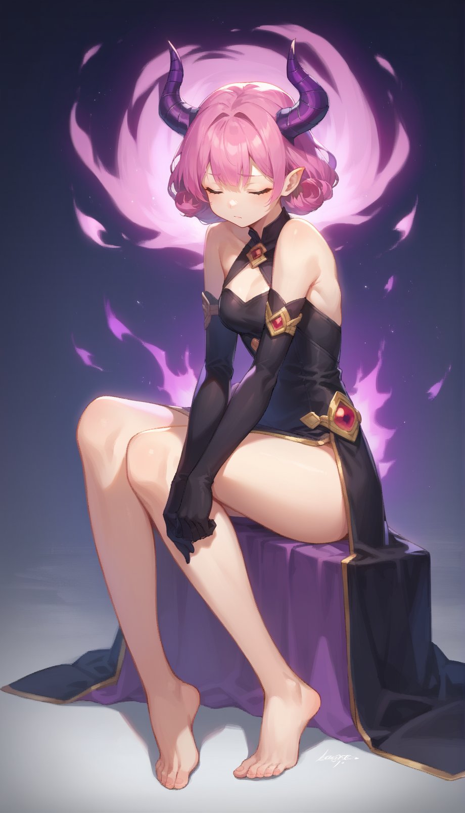 score_9, score_8_up, score_7_up, score_6_up, source anime, BREAK,aruapnxl, aura, 1girl, barefoot, solo, horns, closed eyes, gloves, elbow gloves, pink hair, bare shoulders, black gloves, full body, sitting, bare legs, purple hair