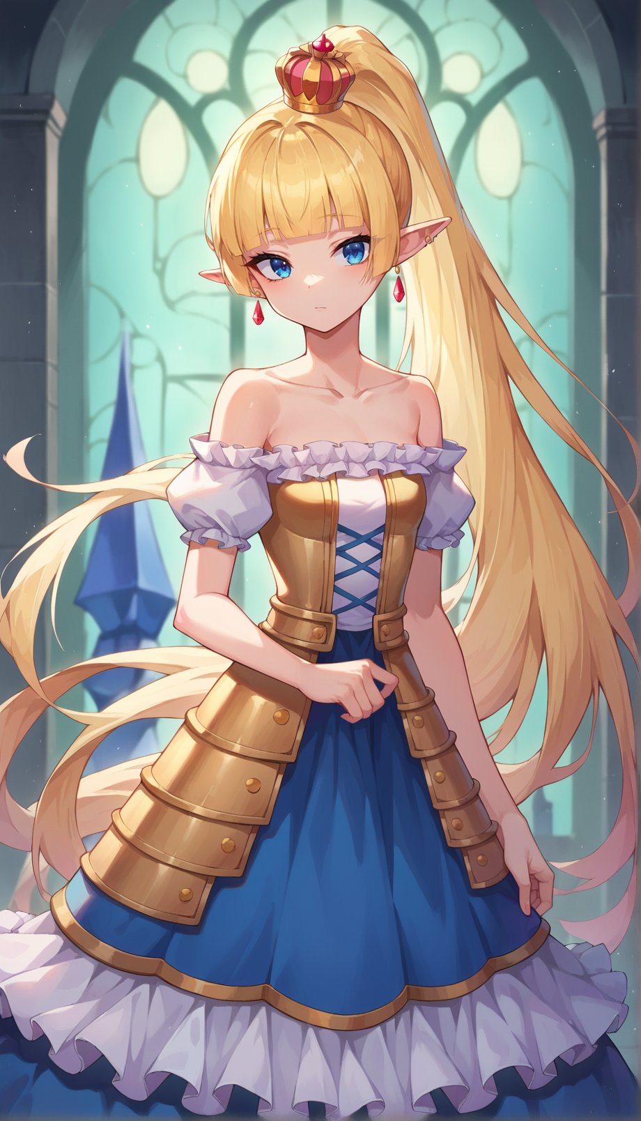 score_9, score_8_up, score_7_up, score_6_up, source anime, BREAK,1girl, girl knight, blue eyes, blonde hair, high ponytail, absurdly long hair, mini crown, jewelry, earrings, armored dress, frilled skirt, blunt bangs, pointy ears, very aesthetic, on the steps of Hohenzollern Castle, gold trim, bare shoulders, collarbone,