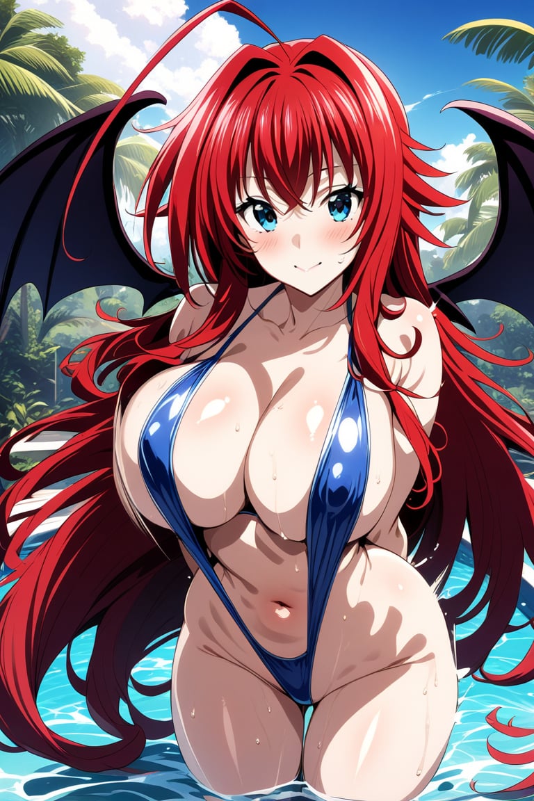 masterpiece, best quality, very aesthetic, absurdres, rias gremory, DxD, 1girl, solo, long hair, breasts, looking at viewer, blush, smile, blue eyes, large breasts, navel, cleavage, very long hair, swimsuit, ahoge, bikini, red hair, outdoors, wings, day, covered nipples, demon wings, pool, slingshot swimsuit, huge ahoge, motion lines, motion blur, (recent)