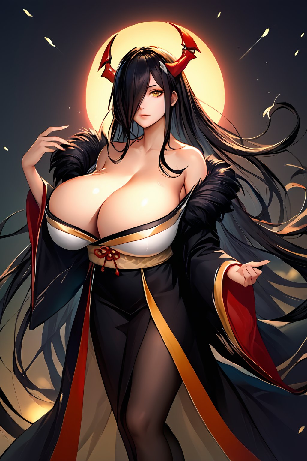 score_9, score_8_up, score_7_up,source_anime,gigantic breast,azlnfrdrchdg,azlnfrdrchdg, large breasts, very long hair, hair over one eye, yellow eyes,black kimono, fur trim, off shoulder, wide sleeves, cleavage, black pantyhose, geta, sash, source_