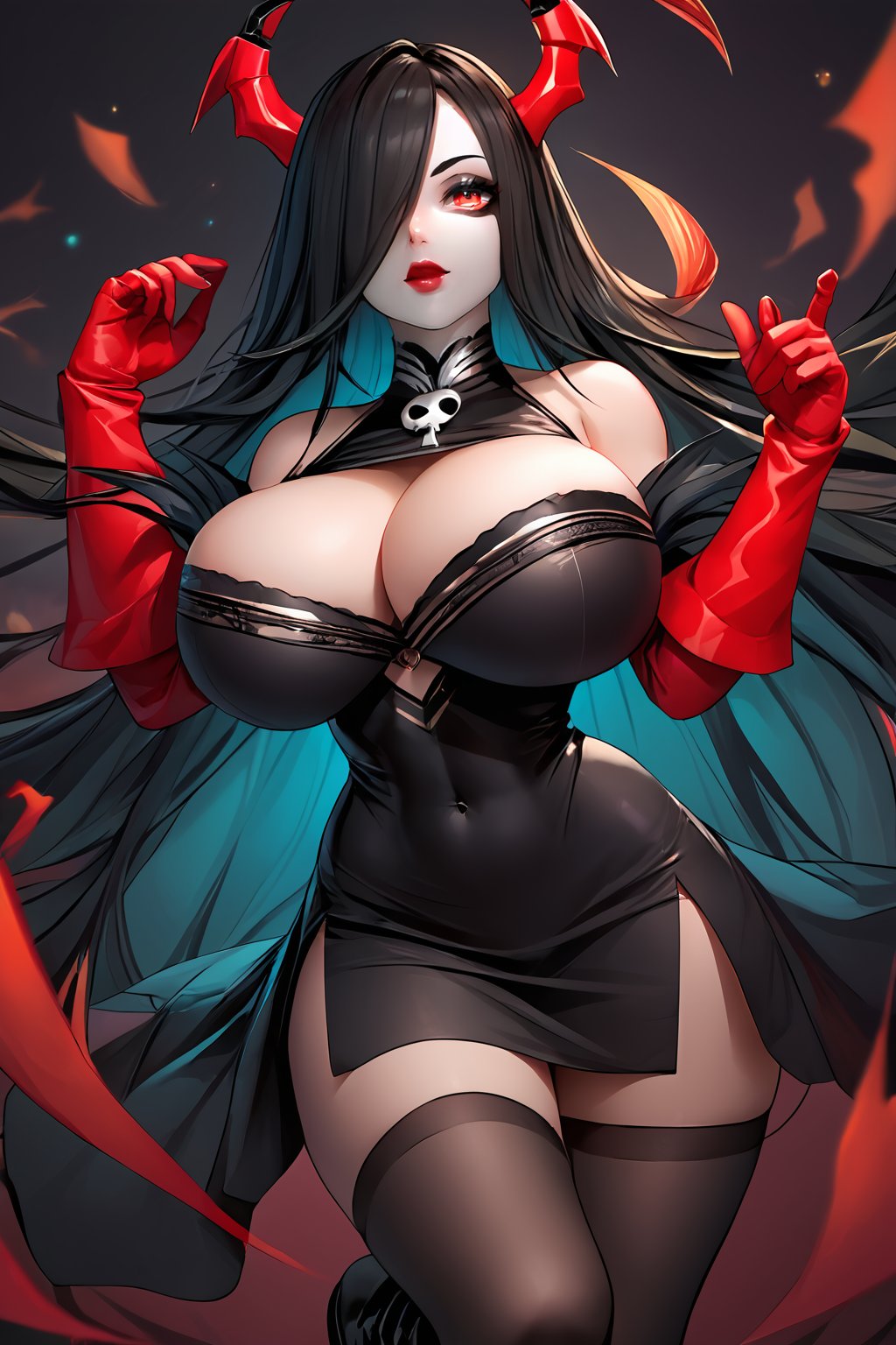 score_9, score_8_up, score_7_up,source_anime,gigantic breast,azlnfrdrchdg,azlnfrdrchdg, large breasts, very long hair, hair over one eye, yellow eyes,black taut dress, bare shoulders, cleavage, see-through, covered navel, red gloves, black thighhighs, boots, source_,mime grim,mime outfit