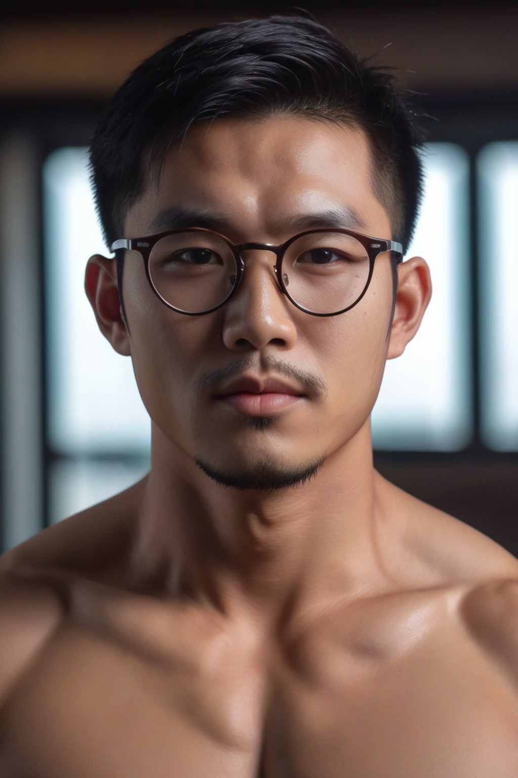 Asian man with stubble ,handsome ,round glasses,young , muscle,topless ,highly detailed, high quality,4k , hdr, headshot
