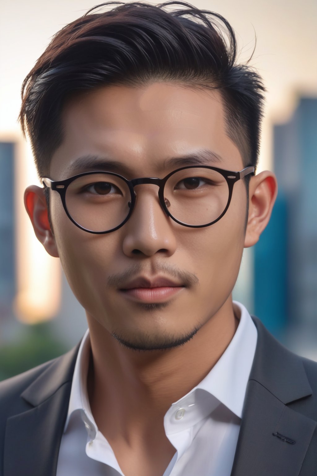 Asian man with stubble ,handsome ,round glasses,young , muscle,topless ,highly detailed, high quality,4k , hdr, headshot , suit