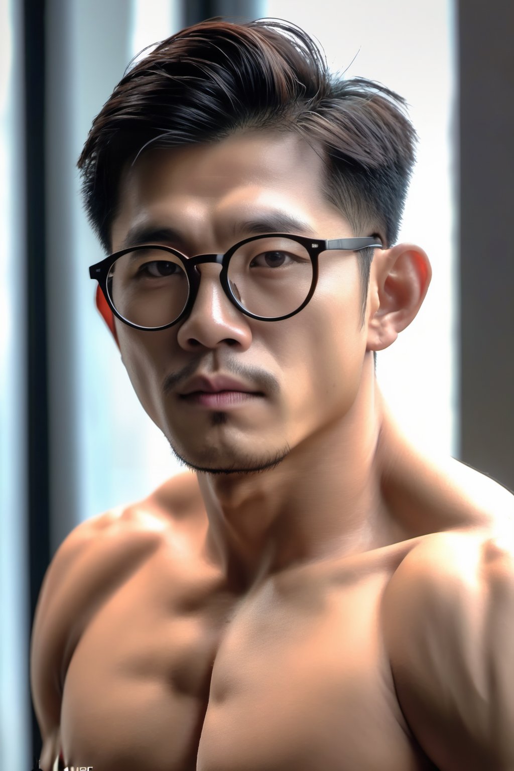 Asian man with stubble ,handsome ,round glasses,young , muscle,topless ,highly detailed, high quality,4k , hdr,