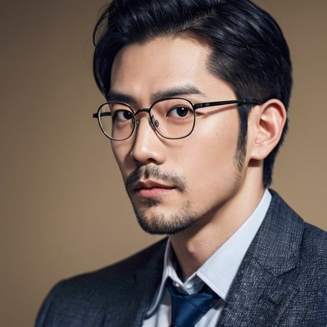 Asian man, handsome , glasses ,stubble ,photorealistic , suit , ,asina man, headshot