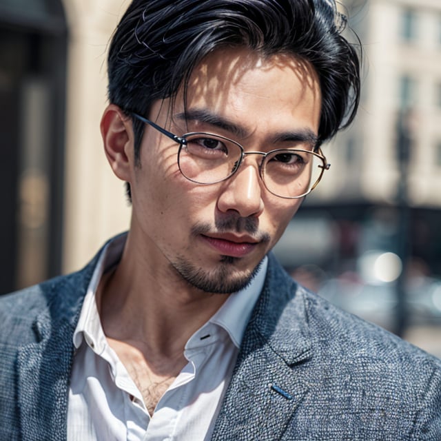 Asian man, handsome , glasses ,stubble, summer ,photorealistic , suit , ,asina man