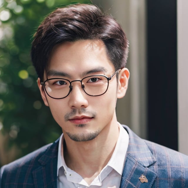 Asian man, handsome , glasses ,stubble, summer ,photorealistic , suit , ,asina man