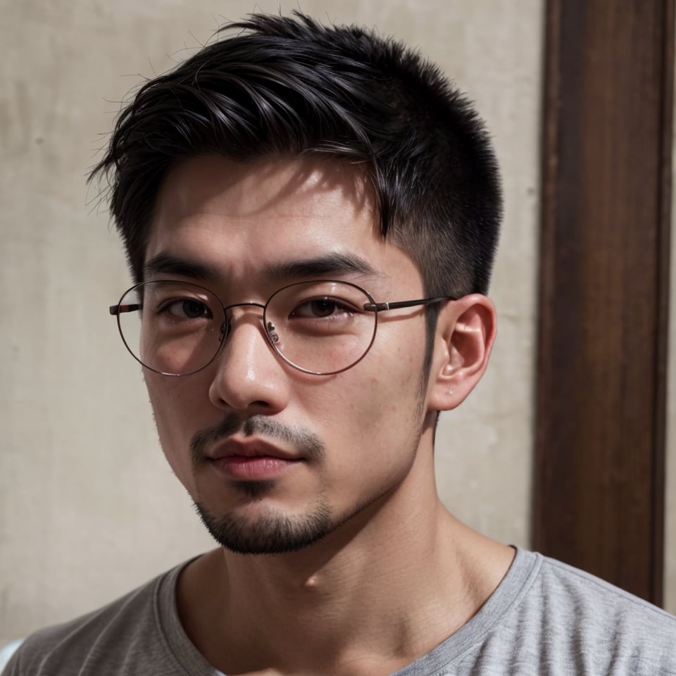 Asian man, handsome,round glasses, stubble ,portrait,Muscle,asina man