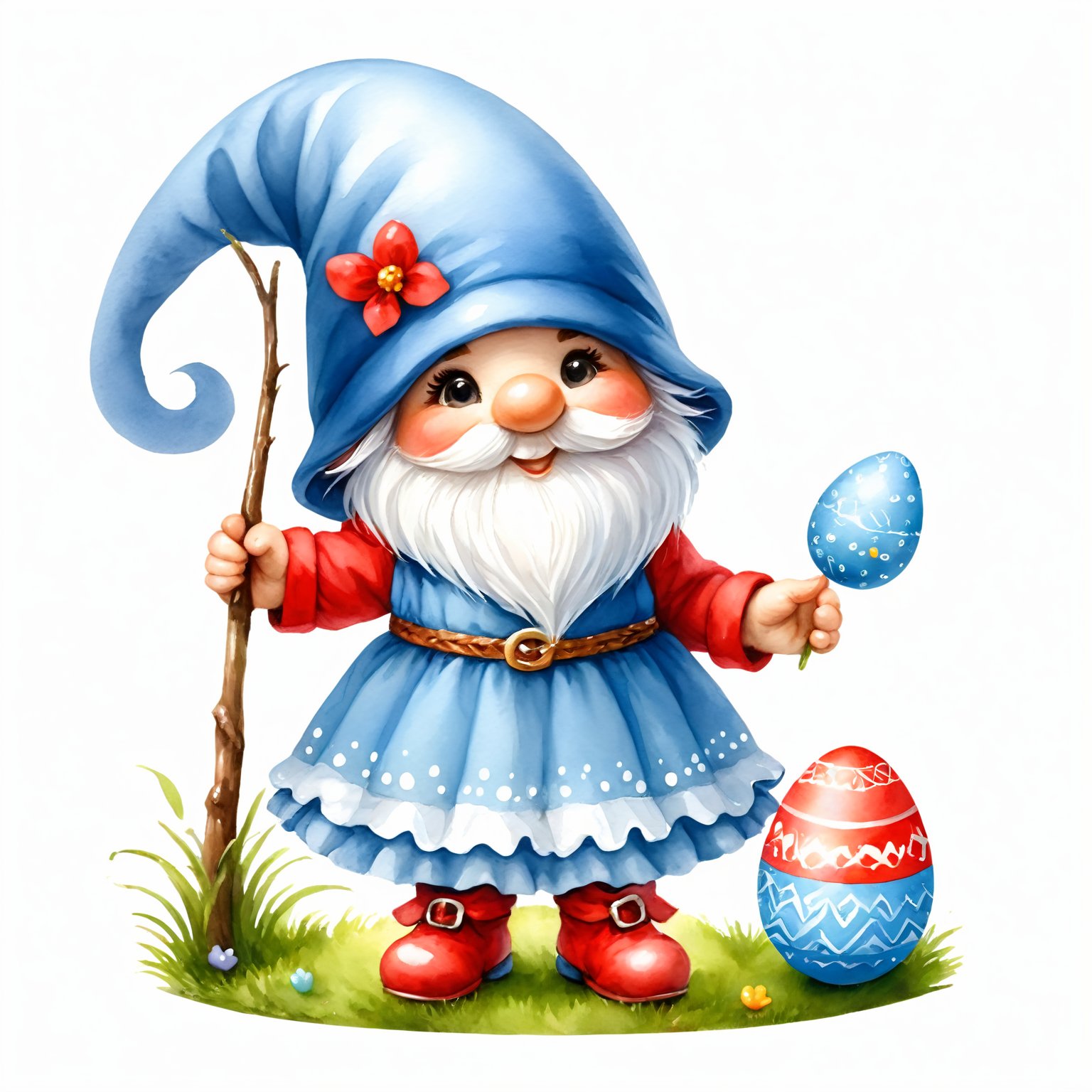 AiArtV,Happy Easter,colorful,easter theme,clipart, a gnome with a red hat and a blue dress next to a colorful egg