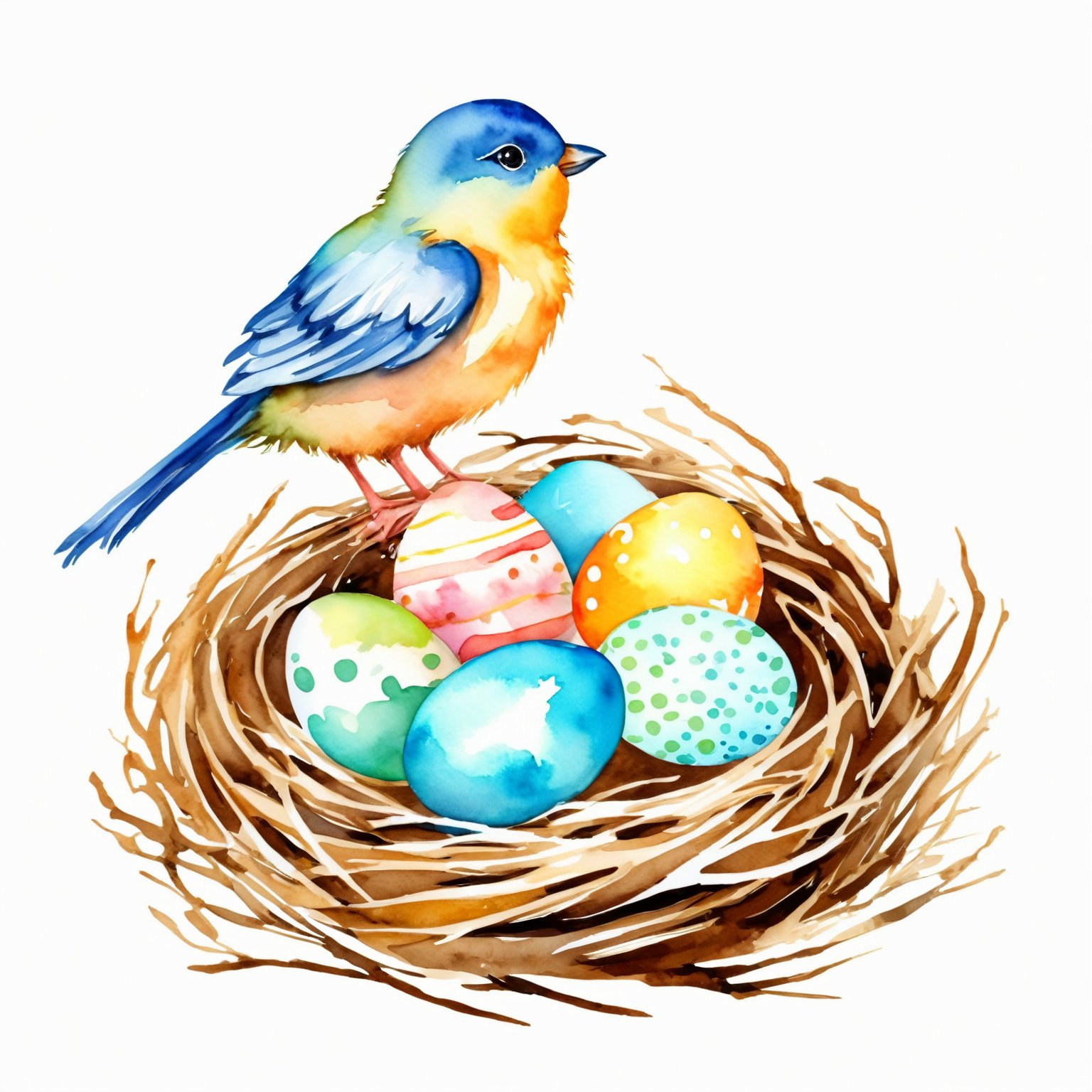 AiArtV,Happy Easter,colorful,easter theme,watercolor,clipart, a bird sitting on top of a nest with eggs