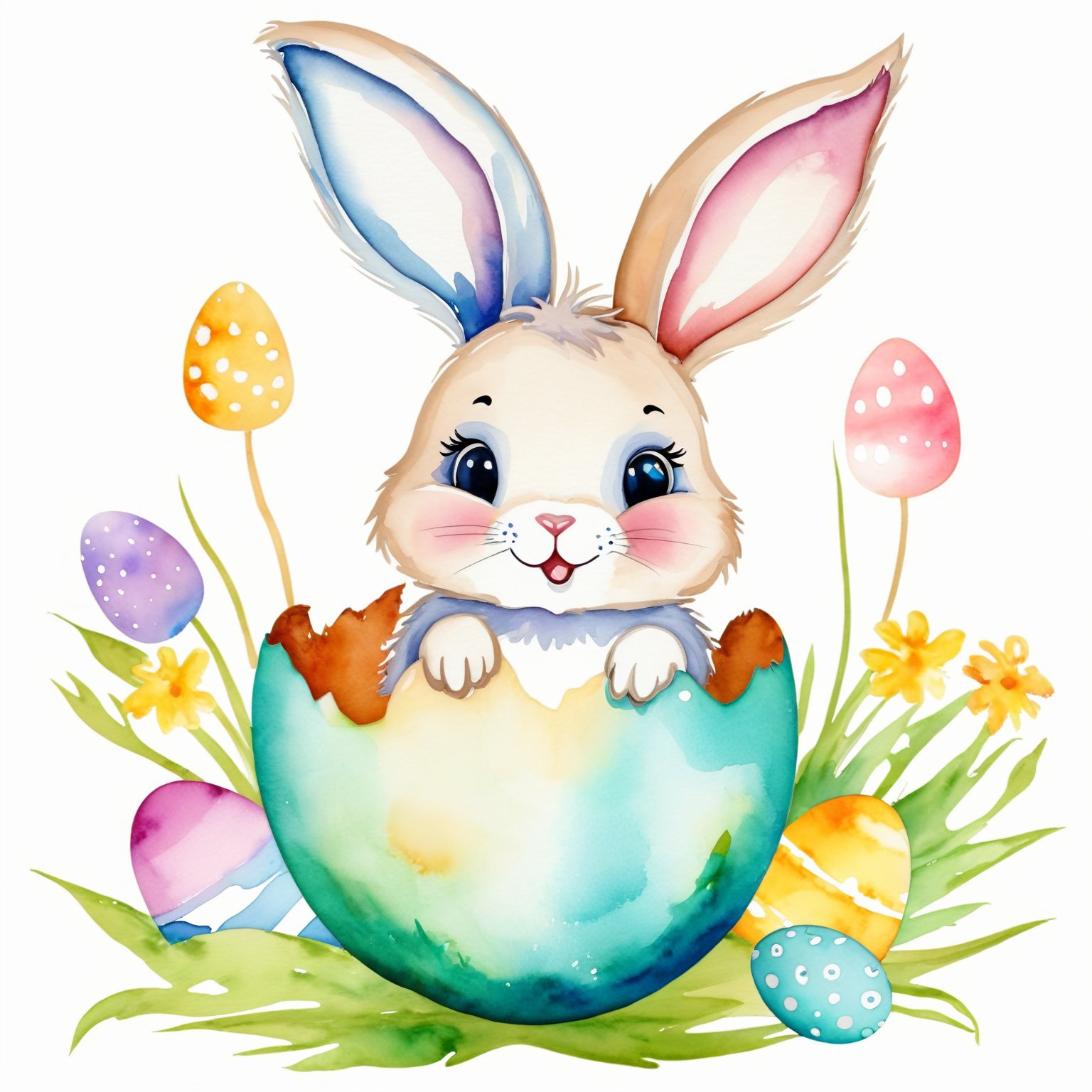 AiArtV,Happy Easter,colorful,easter theme,watercolor,clipart, a cartoon bunny sitting inside of an egg