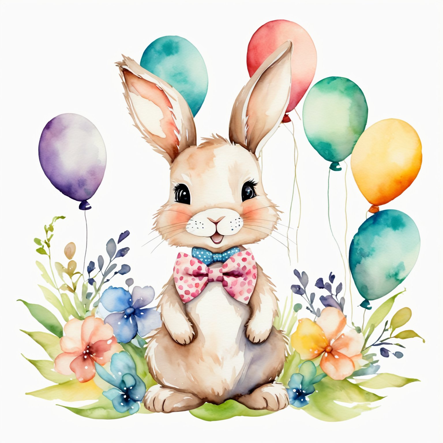 AiArtV,Happy Easter,colorful,easter theme,watercolor,clipart, a bunny with balloons and a bow tie