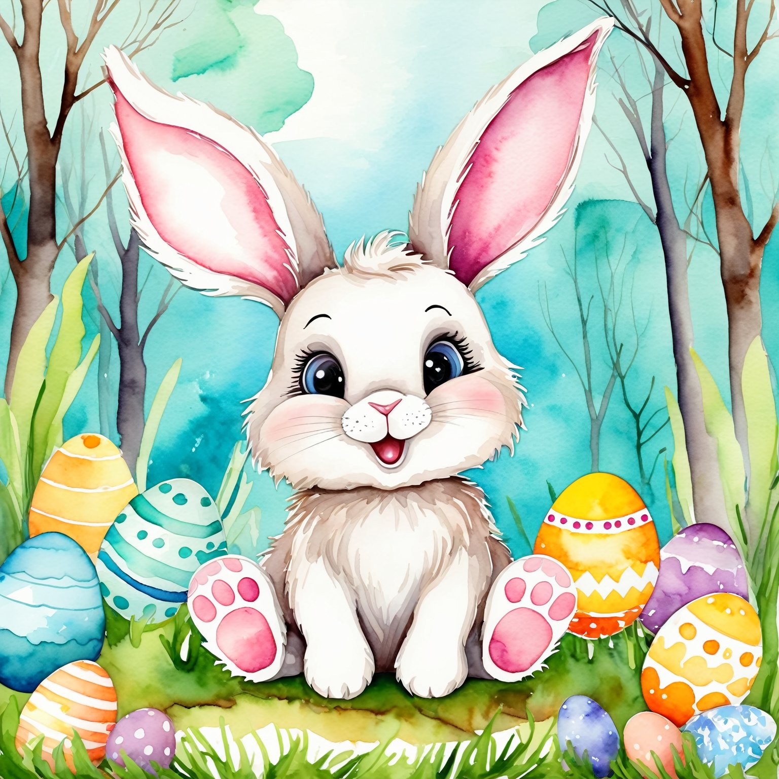 AiArtV,Happy Easter,colorful,easter theme,background,watercolor,a cute bunny with big ears and a big nose sitting on a forest,"Happy Easter" sign on it