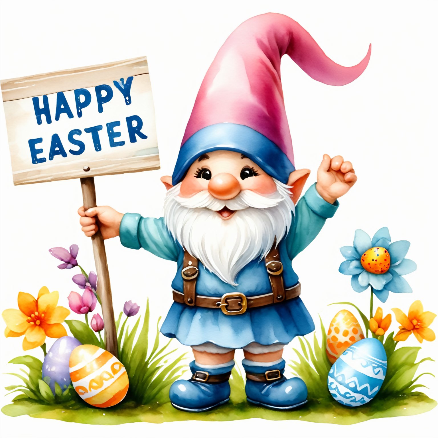 AiArtV,Happy Easter,colorful,easter theme,clipart, a gnome holding a sign with an easter message