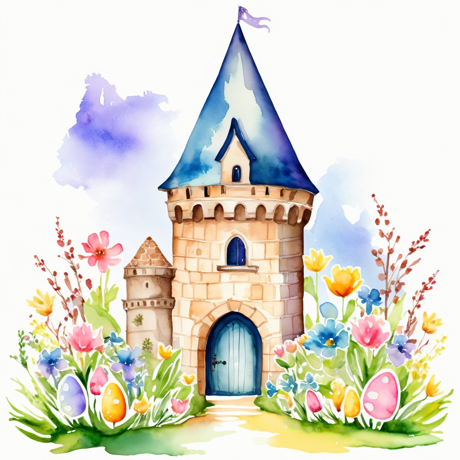 AiArtV,Happy Easter,colorful,easter theme,watercolor,clipart, a castle with a tower and a door surrounded by flowers