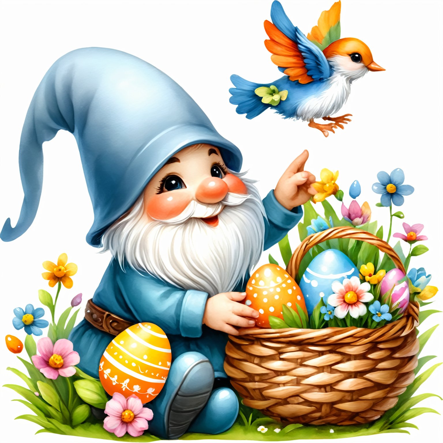 AiArtV,Happy Easter,colorful,easter theme,clipart, a gnome with a basket of flowers and a bird