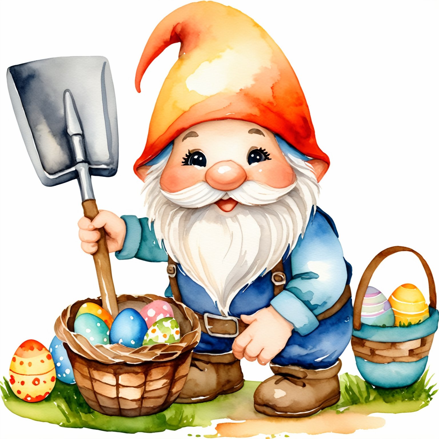 AiArtV,Happy Easter,colorful,easter theme,watercolorclipart, a gnome with a shovel and a basket of eggs