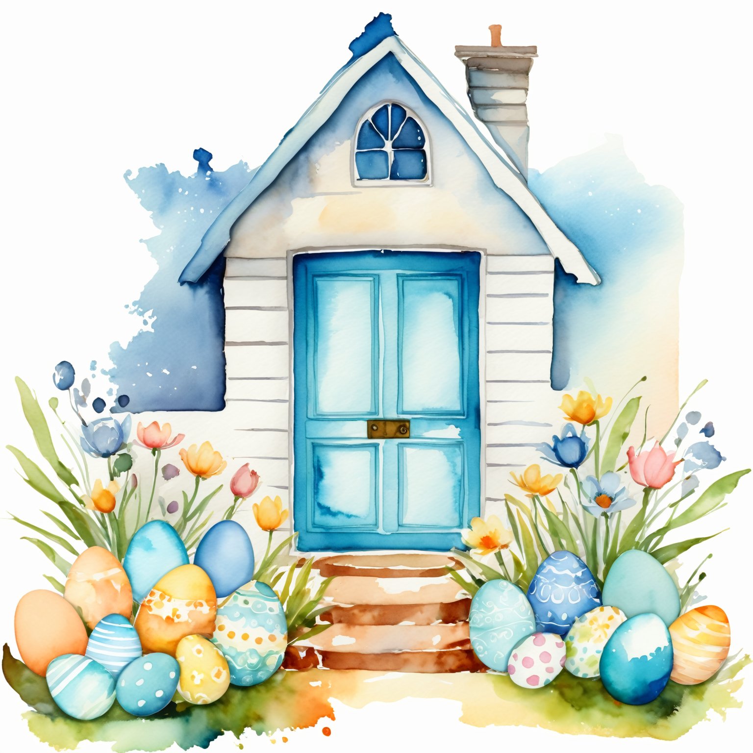 AiArtV,Happy Easter,colorful,easter theme,watercolor,clipart, a house with a blue door and a bunch of eggs