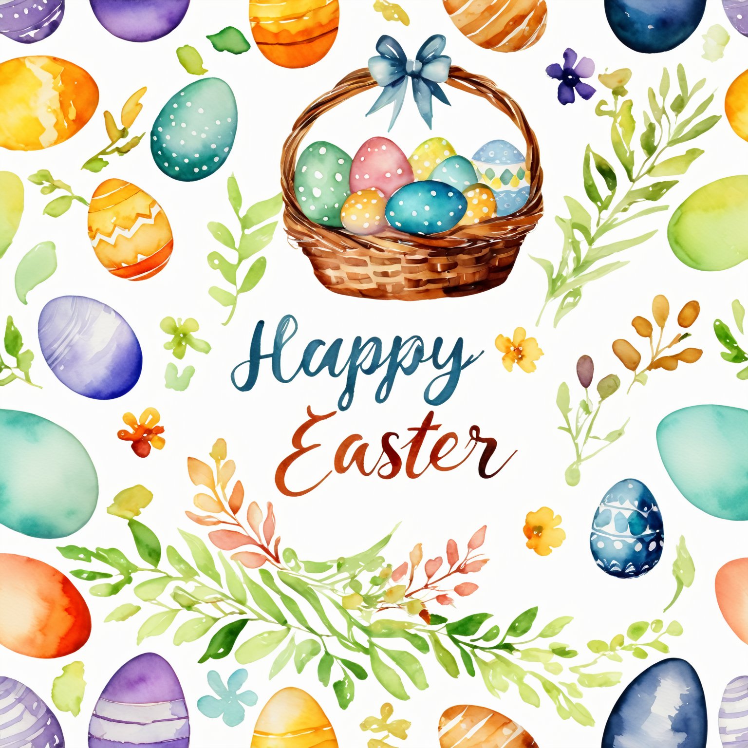 AiArtV,Happy Easter,colorful,easter theme,watercolor,clipart, a basket filled with colorful painted eggs