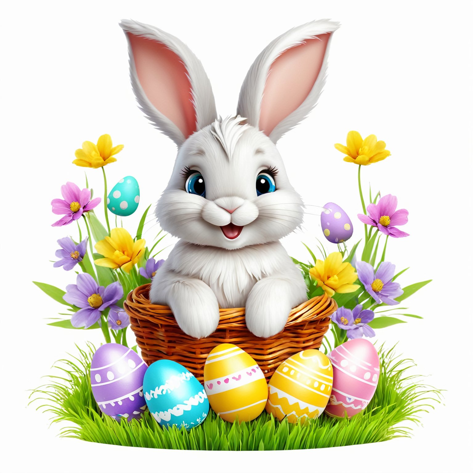 AiArtV,Happy Easter,colorful,easter theme,clipart, a bunny sitting in a basket with easter eggs ,"Happy Easter" sign on it