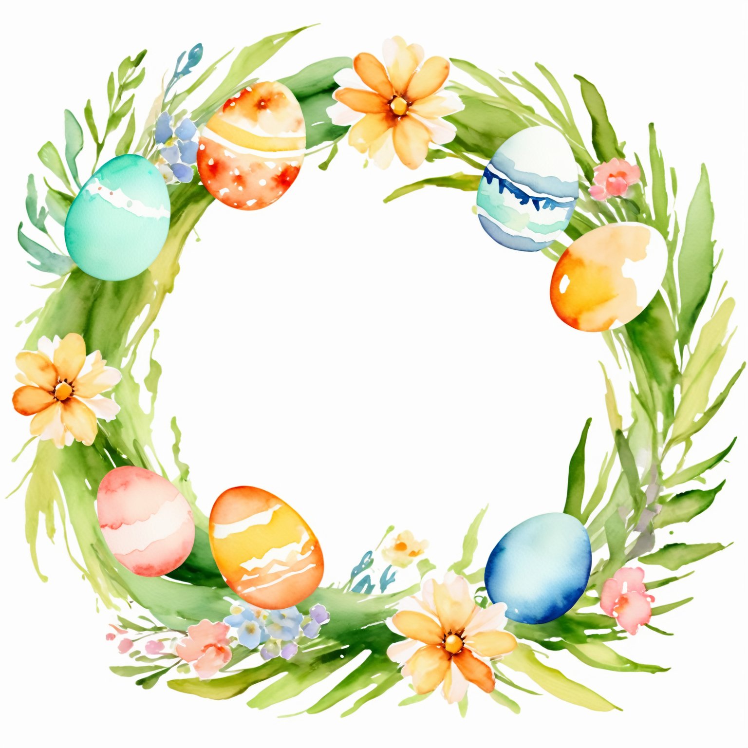 AiArtV,Happy Easter,colorful,easter theme,watercolor,clipart, a wreath of watercolor eggs and flowers