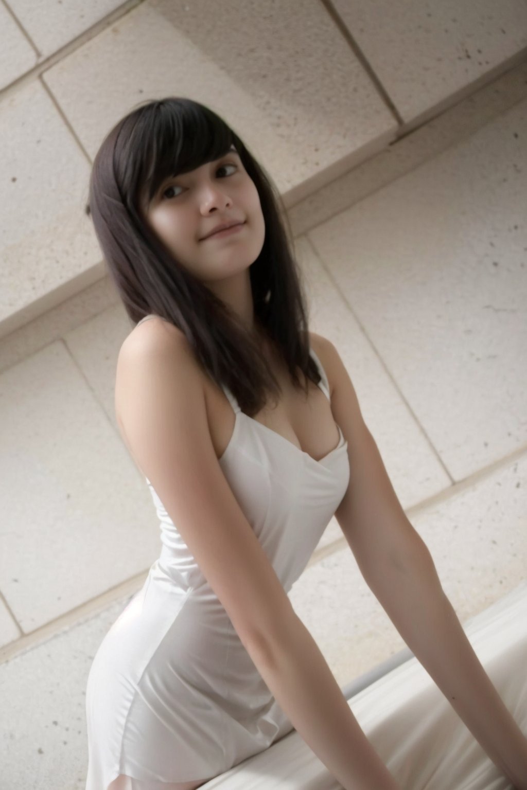 beautiful 25 years old girl, black hair, small breasts, wearing white minidress