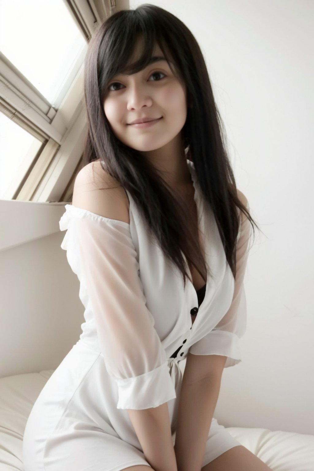 beautiful 25 years old girl, black hair, small breasts, wearing white minidress