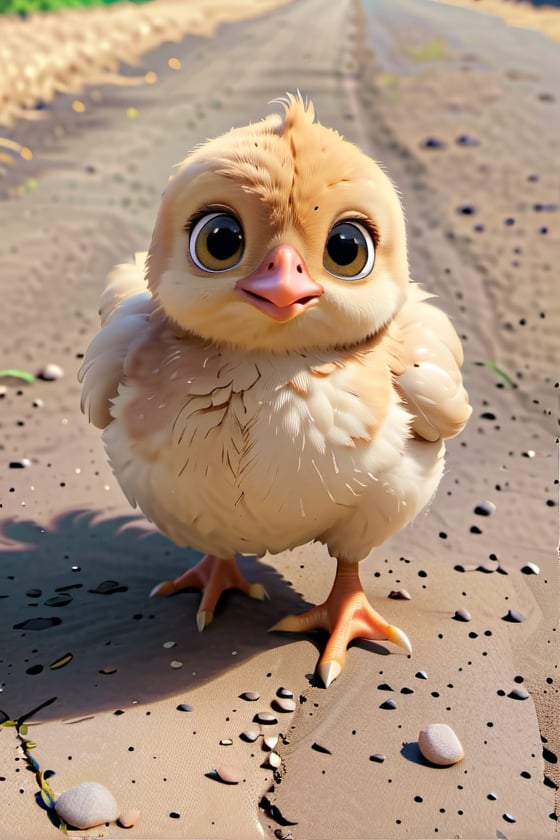 little chick, cute, adorable, fluffy fur, (running), running, farm. big head and eyes, small body, realistic, ultra detail, natural, detailed face, real light and shadow, 3D cartoon, Disney Pixar style. 