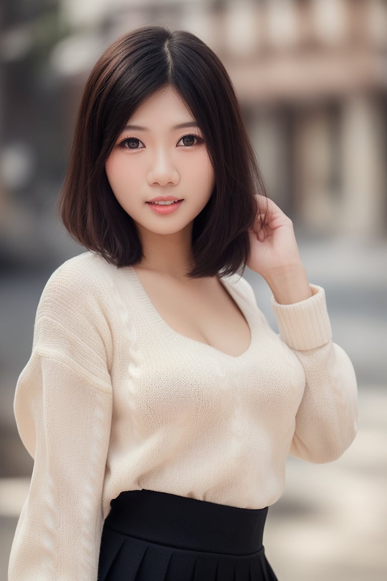 1girl, realistic photo of a 30 years old, (sweater:1.3), skirt, (short-hair:1.2), (small breasts:1.1), playful expression, (dynamic pose:1.3), (characters are full of composition, perfect anatomy, flawless face, perfect eyes, expresive eyes, perfect female body, narrow waist, very attractive beauty), (8K, ultra-detailed, masterpiece, best quality, detailed, highly detailed, sharp focus, detailed face, face focus focus, realisitic,Photorealsitic, Highest Detail Face) , (medium shot:1.3), (wide angle), (look at viewer:1.3), look closely at the camera, (natural lighting:1.4), (professional lighting), best shadow, (warm color), ( simple background:1.4), (Safe for work:1.3),lipay