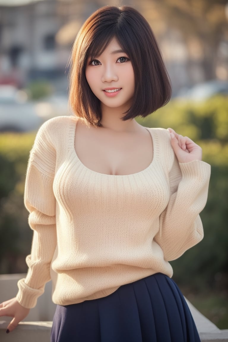 1girl, realistic photo of a 30 years old, (sweater:1.3), skirt, (short-hair:1.2), (small breasts:1.1), playful expression, (dynamic pose:1.3), (characters are full of composition, perfect anatomy, flawless face, perfect eyes, expresive eyes, perfect female body, narrow waist, very attractive beauty), (8K, ultra-detailed, masterpiece, best quality, detailed, highly detailed, sharp focus, detailed face, face focus focus, realisitic,Photorealsitic, Highest Detail Face) , (medium shot:1.3), (wide angle), (look at viewer:1.3), look closely at the camera, (natural lighting:1.4), (professional lighting), best shadow, (warm color), ( simple background:1.4), (Safe for work:1.3),lipay