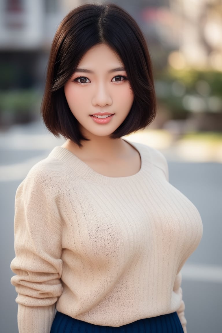 1girl, realistic photo of a 30 years old, (sweater:1.3), skirt, (short-hair:1.2), (small breasts:1.1), playful expression, (dynamic pose:1.3), (characters are full of composition, perfect anatomy, flawless face, perfect eyes, expresive eyes, perfect female body, narrow waist, very attractive beauty), (8K, ultra-detailed, masterpiece, best quality, detailed, highly detailed, sharp focus, detailed face, face focus focus, realisitic,Photorealsitic, Highest Detail Face) , (medium shot:1.3), (wide angle), (look at viewer:1.3), look closely at the camera, (natural lighting:1.4), (professional lighting), best shadow, (warm color), ( simple background:1.4), (Safe for work:1.3),lipay