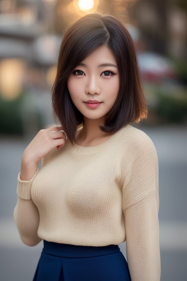 1girl, realistic photo of a 30 years old, (sweater:1.3), skirt, (short-hair:1.2), (small breasts:1.1), playful expression, (dynamic pose:1.3), (characters are full of composition, perfect anatomy, flawless face, perfect eyes, expresive eyes, perfect female body, narrow waist, very attractive beauty), (8K, ultra-detailed, masterpiece, best quality, detailed, highly detailed, sharp focus, detailed face, face focus focus, realisitic,Photorealsitic, Highest Detail Face) , (medium shot:1.3), (wide angle), (look at viewer:1.3), look closely at the camera, (natural lighting:1.4), (professional lighting), best shadow, (warm color), ( simple background:1.4), (Safe for work:1.3),lipay