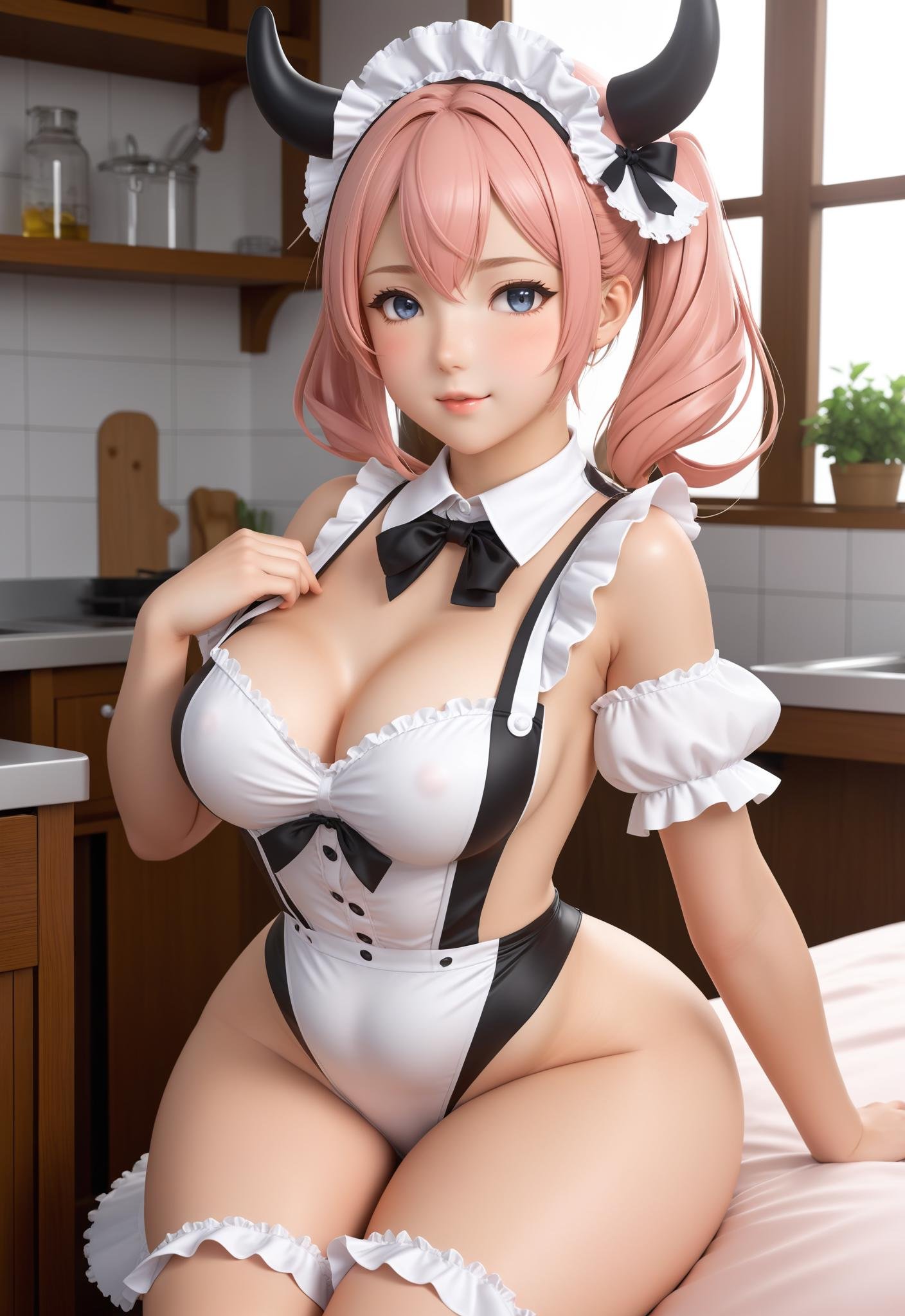 Ultra high definition anime illustration. Game CG. White. Moe. Cow ears. Sweat. blush. Plump. Soft skin, sensational limbs, and a sensational bodysuit maid outfit that bulges out the chest to its limit.