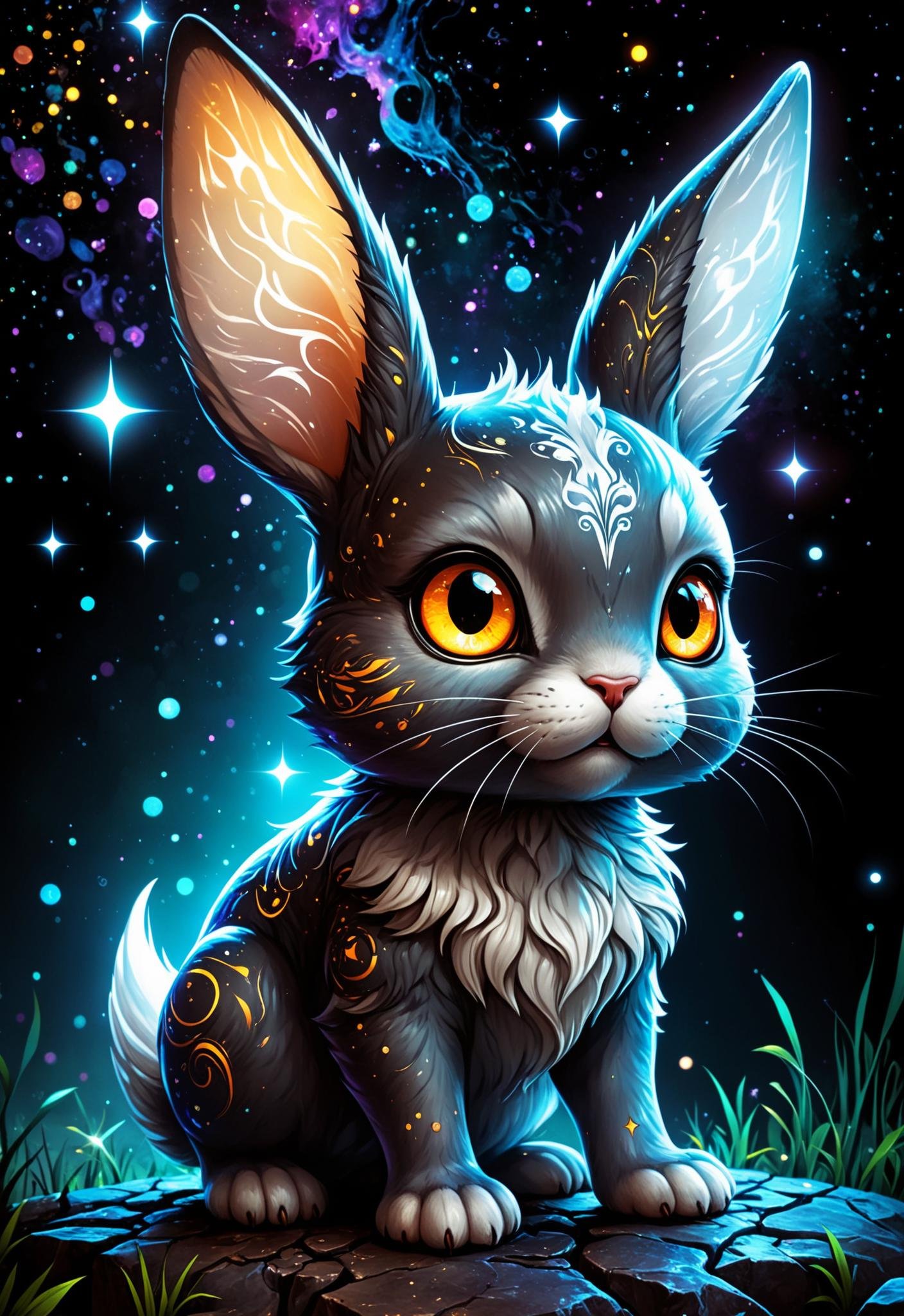 (in a classic dark fantasy game art, cid horror film directed by Ryûtarô Nakamura and H. P Lovecraft:1.5), Cute galaxy cute rabbit, shining and glowing eyes, white background, detailed, 8k, full body, starry markings, digital painting, pop art, star background, star patterns, fluorescent colors, daily deviation quality, adobtable on deviantart