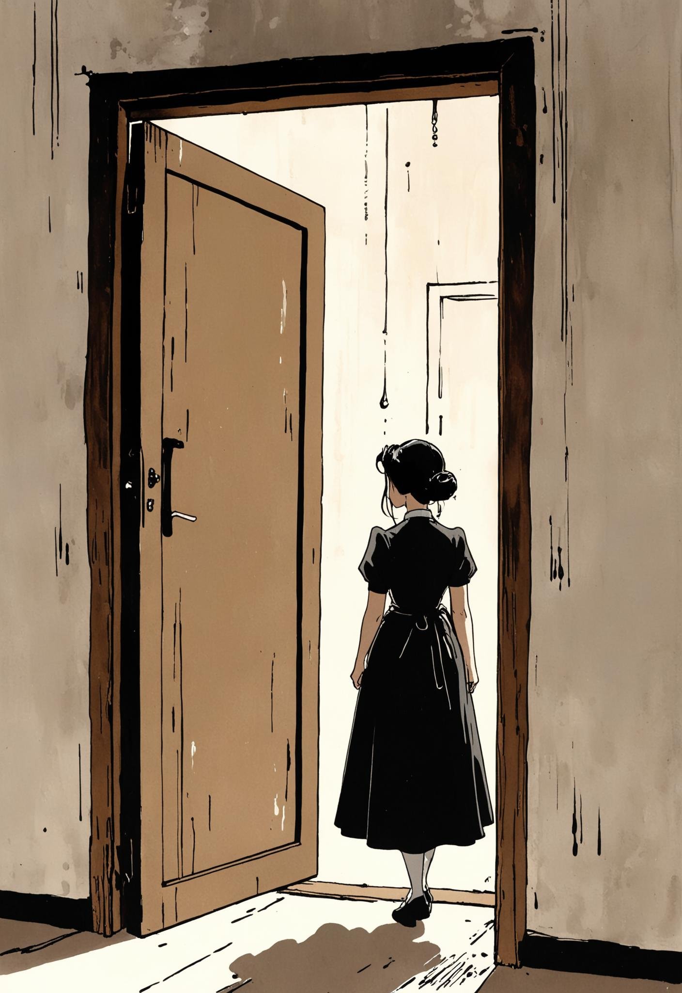 (drawn by Wu Guanzhong, ink artistic conception, abstract simple lines, minimalism, illustration style:1.5), (anime style:1.5), Dvd screengrab, from 1985 dark fantasy film, vintage style art, horror movie, raggedy chamber maid hiding behind a door, streak of light is falling on her, 18th clothing, high detail, realsitic shadow